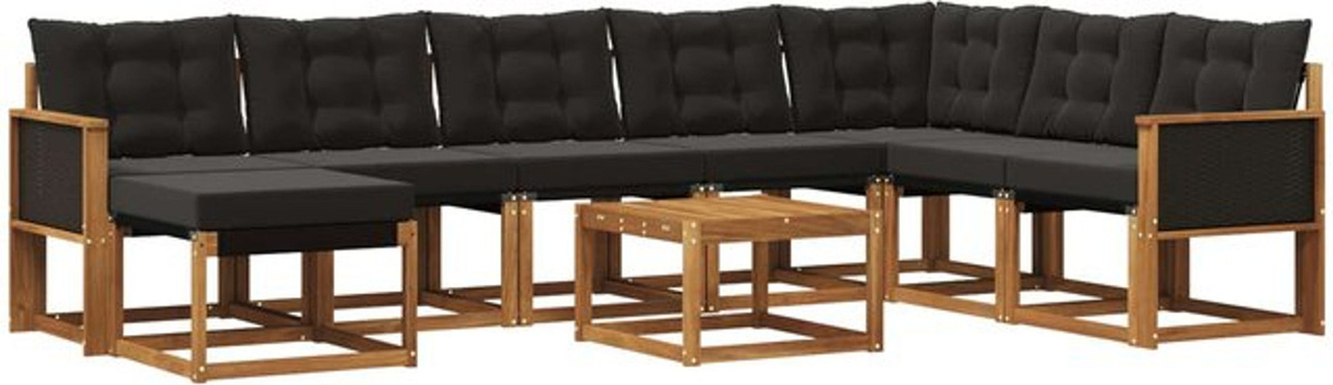 vidaXL Outdoor-Sofagarnitur aus Massivholz mit Kissen, 9-teiliges Loungemöbel-Set in Natur und Schwarz - Bild 1