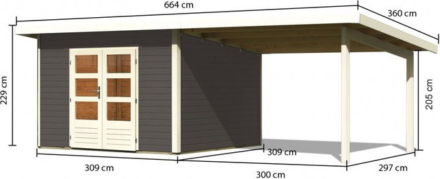 Gartenhaus Holz NORTHEIM 3 mit Anbaudach in Terragrau, Wandstärke 38 mm, B/T: 309 x 309 m - Bild 1