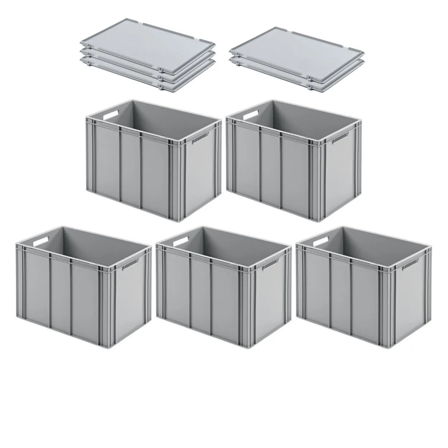 PROREGAL SuperSparSet 5x Eurobehälter mit Scharnierdeckel und offenem Griff, Grau, H x B x T: 42 x 40 x 60 cm, 70 Liter Transportboxen - Bild 2