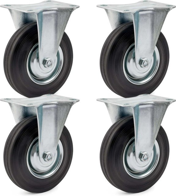 Wiltec Bockrollen Set mit 4 schwarzen Vollgummirädern und Metallfelgen, Durchmesser: 100 mm, Tragkraft pro Rolle: 70 kg - Bild 1