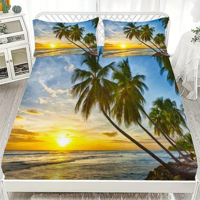 Spannbettlaken-Set Your Warm Home mit Kokospalmen- und Sonnenuntergang-Print, atmungsaktives Mikrofaser-Bettwäsche-Set, Mehrfarbig, B/T/H: 90 x 200 x 25 cm - Bild 1
