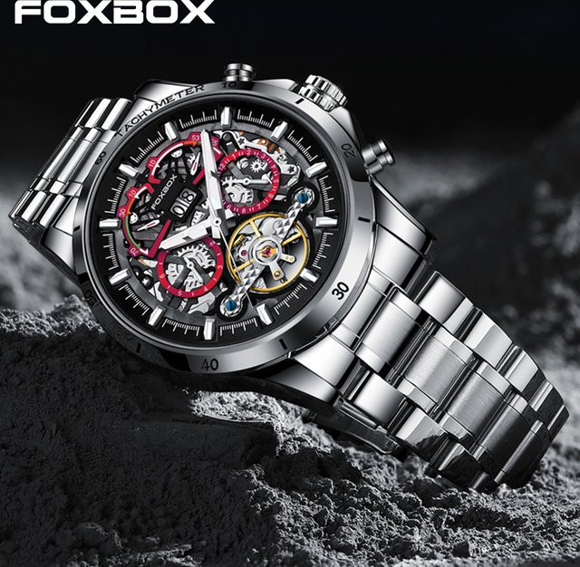FOXBOX Armbanduhr Automatik, Edelstahl, Schwarz, Herren - Bild 1
