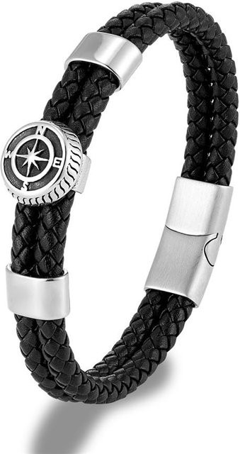 Armband geflochtenes Leder, Edelstahl Kompass Charms, Blau Rot, 23cm, Unisex - Bild 1