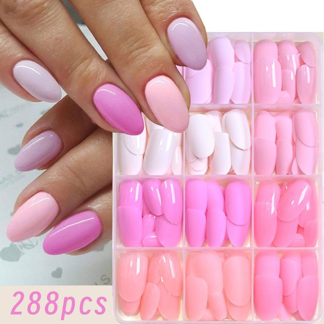 MingLee Künstliche Acrylnägel, 288 Stück, Mandel, Matt und Glänzend, Hellrosa, Rosa, Lila - Bild 1