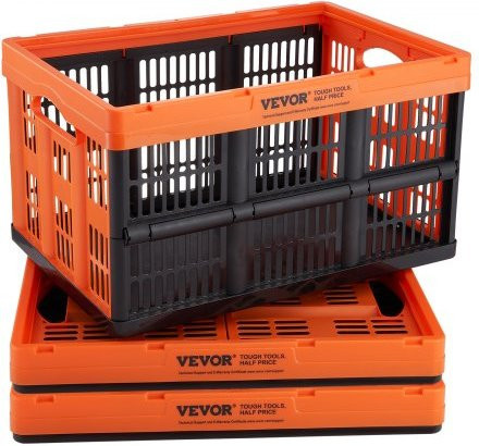 VEVOR Stapelbare Aufbewahrungskörbe aus Kunststoff, 3er Pack, faltbar mit Griffen, 45l, Schwarz und Orange, B/T/H: 35,5 x 30,0 x 52,5 cm - Bild 1