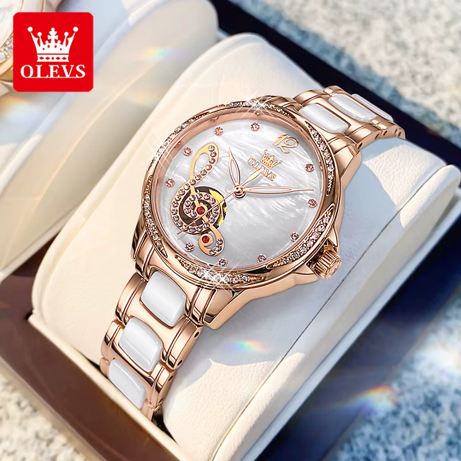 OLEVS Armbanduhr Automatik, Edelstahl, Weiß, Roségold, Damen - Bild 2