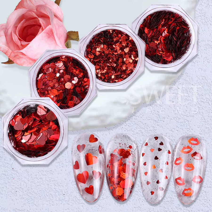 Sweet Trend Nail Art Glitzer, rote Herzflocken Pailletten, 4/12 Boxen - Bild 6