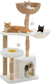 Pawz Road Moderner Katzenbaum aus Rattan und Naturholz in Weiß mit Hängematte und Höhle, Höhe: 120 cm - Bild 1