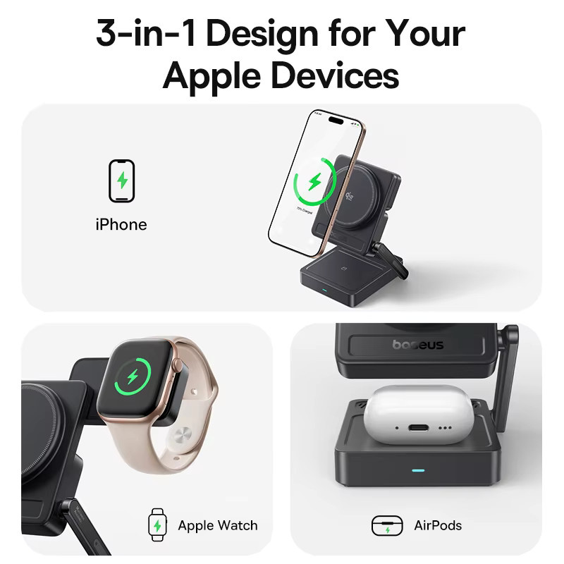 Baseus 3-in-1 Magnetisches Kabelloses Ladegerät Qi2.2 25W Schnellladung für iPhone, Apple Watch und AirPods Pro in Schwarz - Bild 2