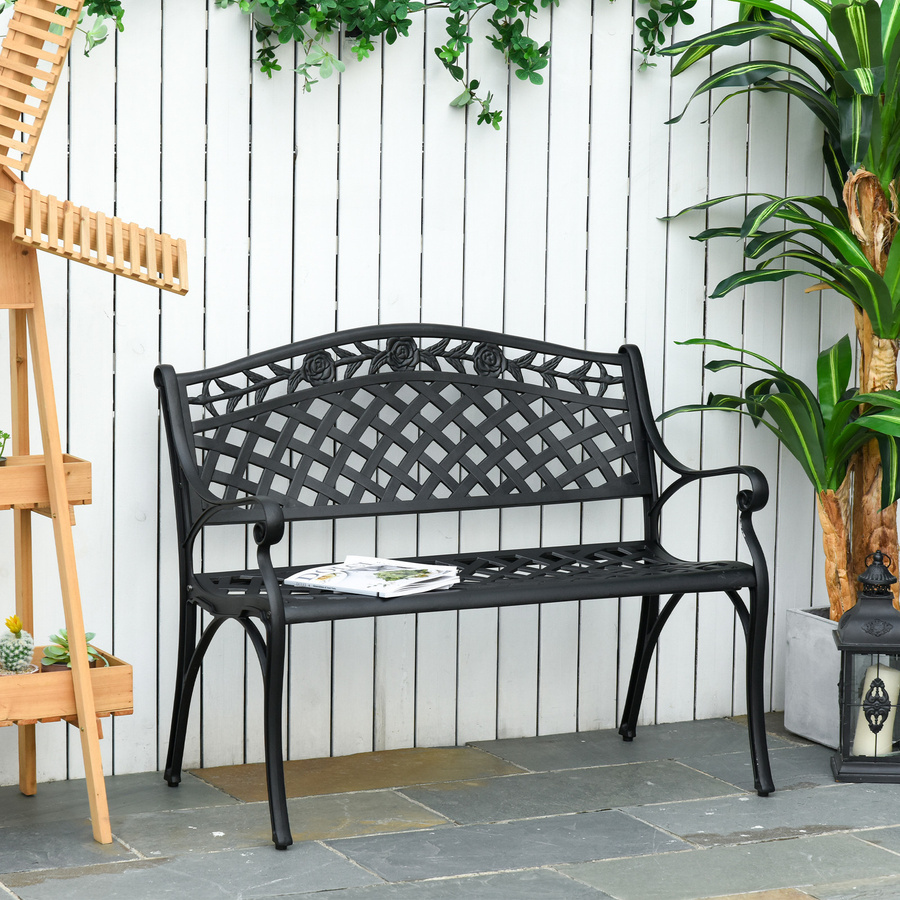 Outsunny 2-Sitzer Gartenbank aus Aluminium im Landhausstil mit Armlehnen, Schwarz, B/T/H: 102,5 x 61 x 84 cm - Bild 2
