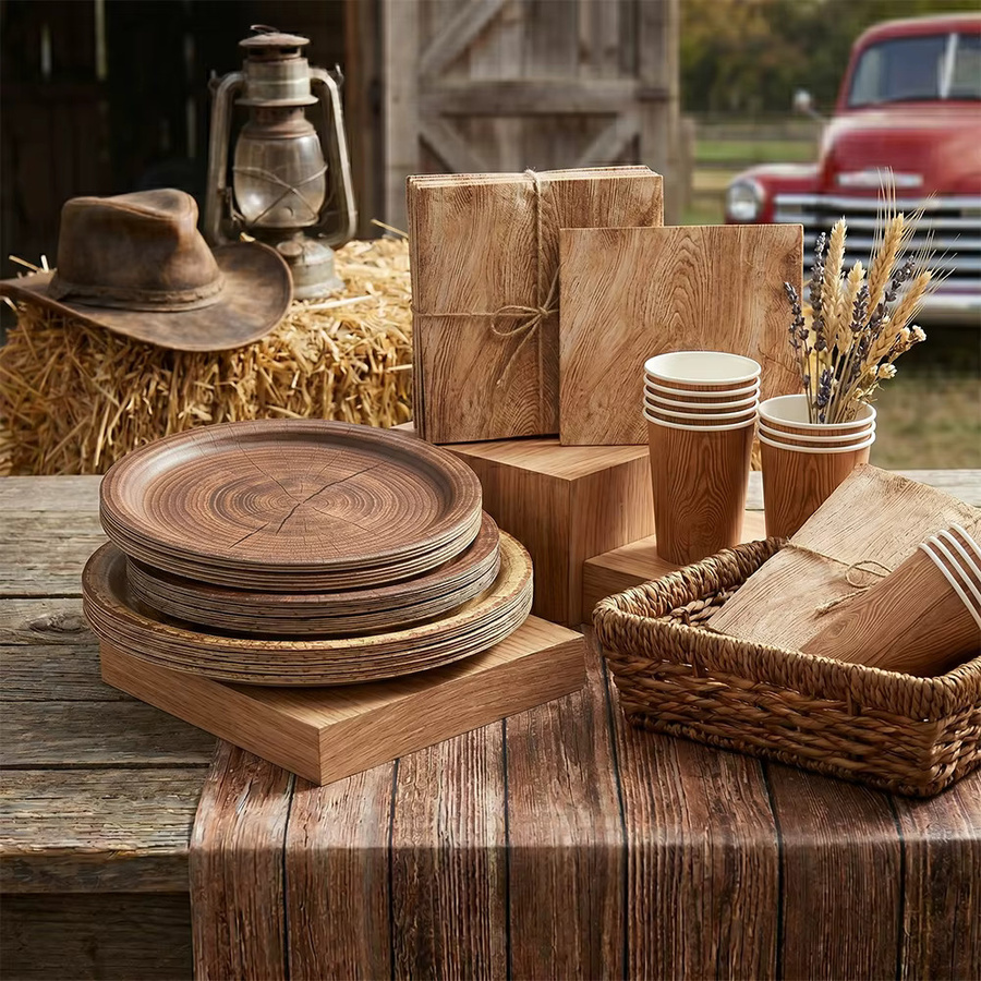 EsenTroye Rustikales Tischset im Western-Farmhouse-Stil mit Holzmaserung in Braun: Pappteller, Servietten und Becher für deine Landhaus- und Cowboy-Party-Dekoration - Bild 3
