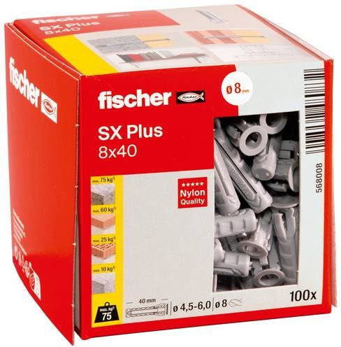Fischer SX Plus Spreizdübel aus Nylon in Grau, Durchmesser: 8 mm, Länge: 40 mm, 100 Stück - Bild 1