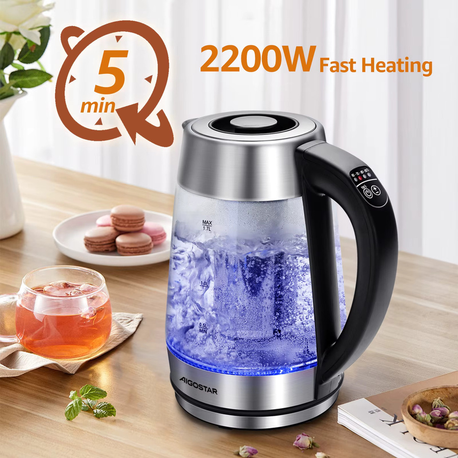 Aigo Star Cris Wasserkocher aus Borosilikatglas in Transparent mit Teekanne, 1,7 l, 2200W, 5 Temperatureinstellungen, Warmhaltefunktion und LED-Beleuchtung - Bild 2