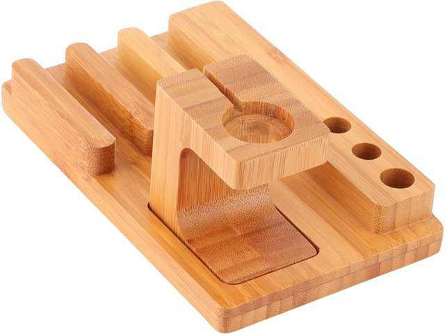 Multifunktionaler KONNWEI Aufbewahrungsorganisator aus Bambus für Desktop, Handyhalter und Uhrenhalter, beige, B/T/H: 18,0 x 11,0 x 7,5 cm - Bild 1