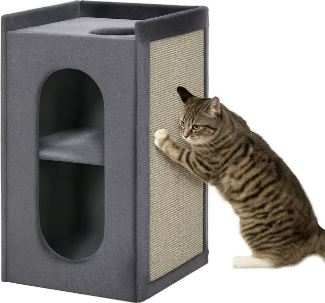 PawHut Kratztonne für Katzen in Grau mit 2 Katzenhöhlen, 2 Ebenen und Sisal-Kratzmatte aus Plüsch, B/T/H: 45 x 45 x 81 cm - Bild 1