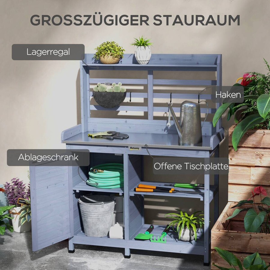 Outsunny Pflanztisch in Grau aus Holz und Metall für den Garten, B/H/L: 47 x 112 x 146 cm - Bild 3