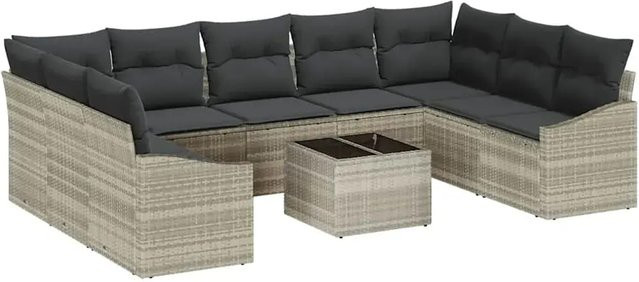vidaXL Garten-Sofa-Set 10-teilig aus Polyrattan in Hellgrau mit Polsterung und Tisch - Bild 1