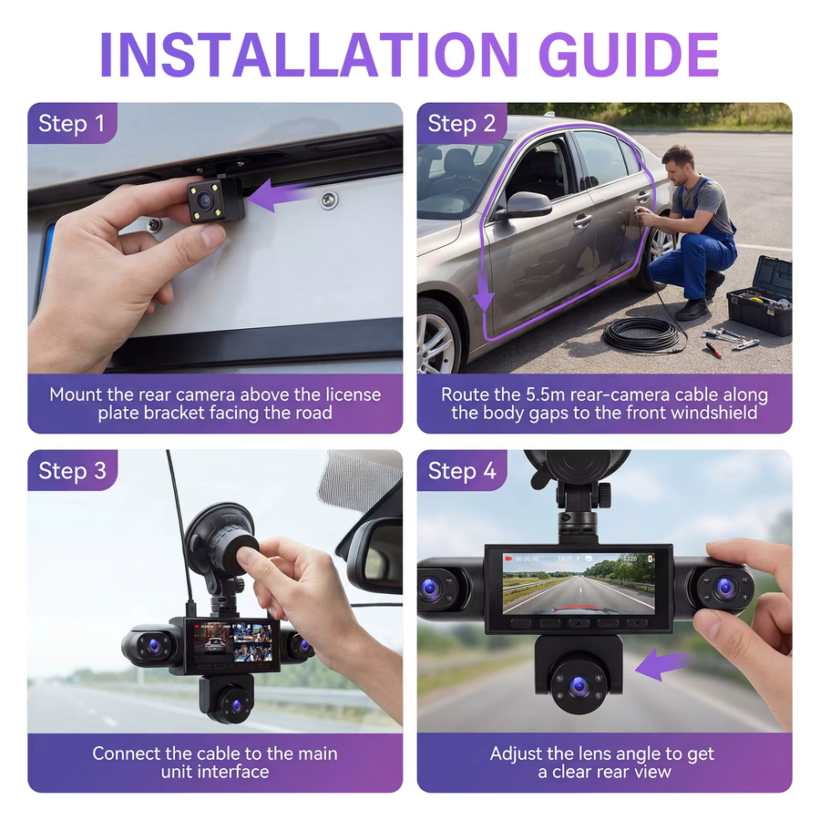 Podofo Dashcam mit 1080P Full HD, 360-Grad-Linsen, Nachtsicht und Einparkhilfe, Schwarz, inklusive 64GB Speicherkarte - Bild 2