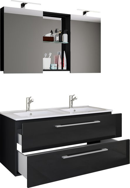 VCM Badmöbel Set Budasi SC 3-tlg. Doppel-Waschplatz mit Keramik-Unterschrank, zwei Waschbecken und Spiegelschrank - Bild 1