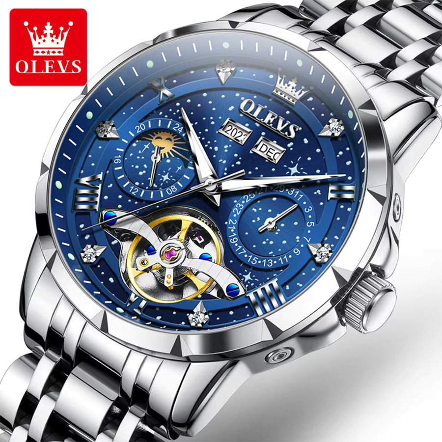 OLEVS Armbanduhr Automatik, Edelstahl, Herren, Blau, Silber - Bild 6
