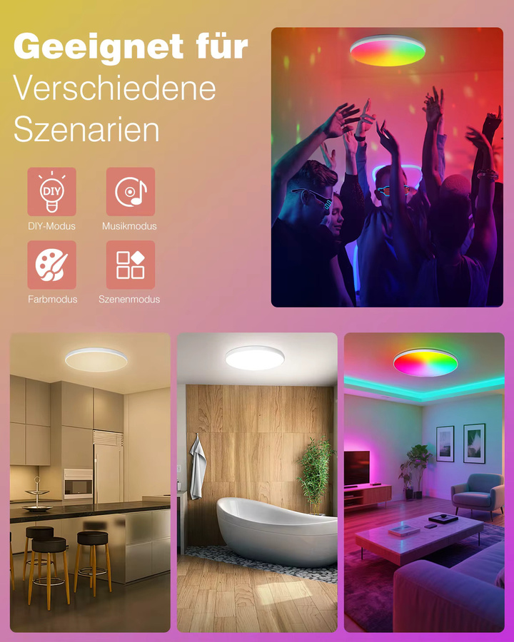 Oraymin RGB LED-Deckenleuchte mit Fernbedienung und App-Steuerung, dimmbar, 24W, Multicolour, Durchmesser: 30 cm - Bild 4