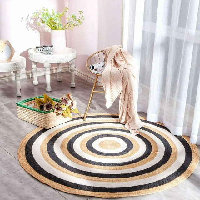Handgefertigter Jute Rundteppich King of the Jute Rugs in Schwarz/Beige, Durchmesser: 120 cm - Bild 1