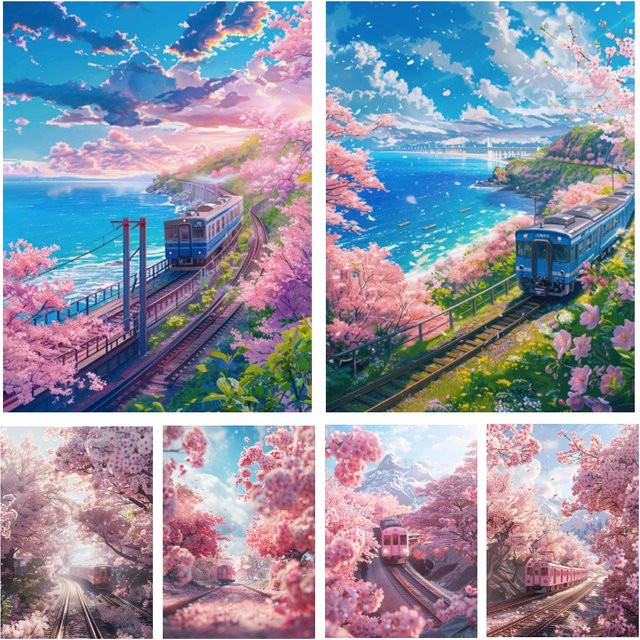 Potdemiel 5D Diamantmalerei Fantasy Sakura Zug Landschaft Mosaik Set in Mehrfarbig mit runden Steinen - Bild 1