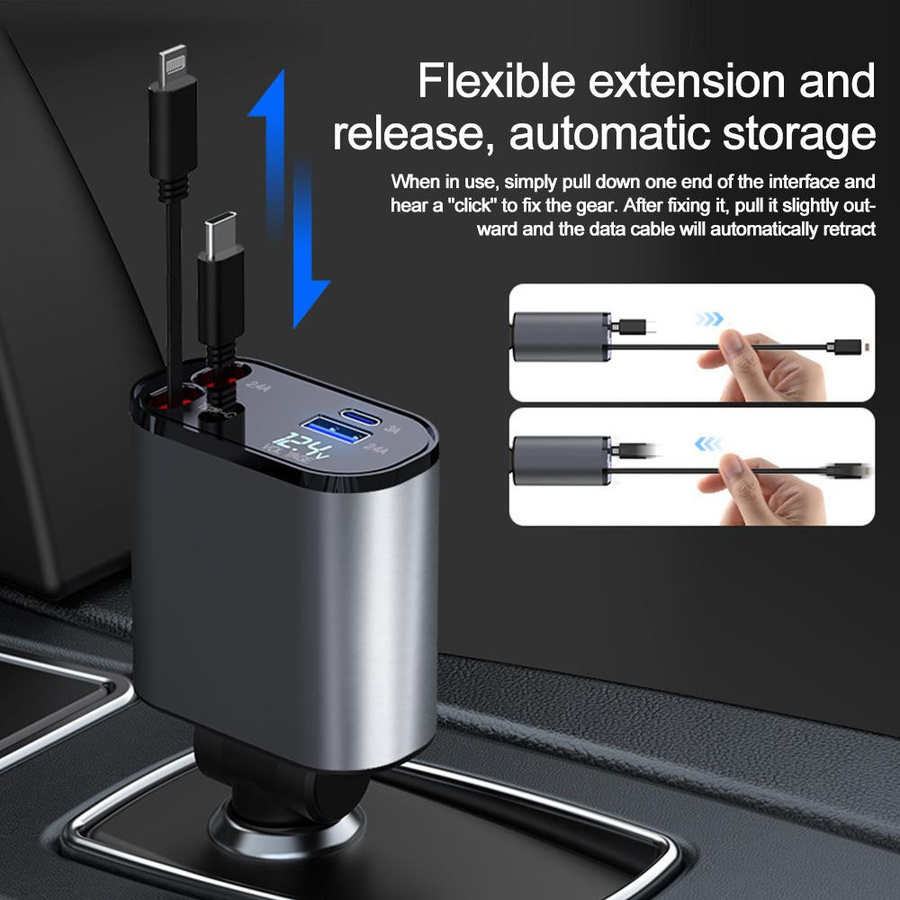 YJMP 100W Autoladegerät mit USB-C und USB-A, superschnelles Aufladen mit einziehbarem Kabel und Spannungsanzeige für iPhone, Huawei und Samsung - Bild 3