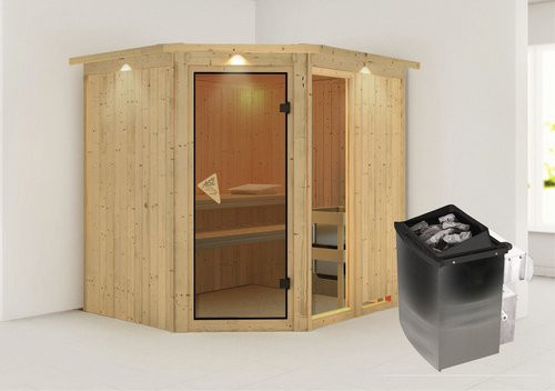 Karibu Sauna Paide 2 aus Fichtenholz in Beige inklusive 9 kW Saunaofen mit integrierter Steuerung für 3 Personen, B/T/H: 210 x 184 x 202 cm - Bild 1