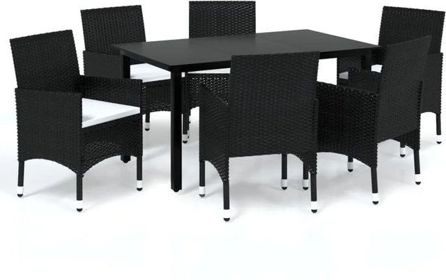 vidaXL 7-tlg Garten-Essgruppe aus Poly Rattan mit Glasplatte und Kissen in Schwarz - Bild 1