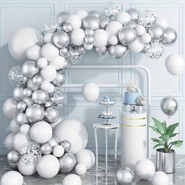BALONAQ Luftballon-Set für Partydekoration mit 135 Stück in Weiß und Silber Metallic sowie Konfetti-Luftballons für Hochzeit, Geburtstag oder Babyparty - Bild 1