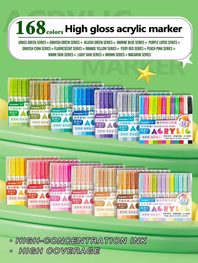 Acrylgel-Stifte Set mit 1,0 mm Hartspitze und hochkonzentrierten Pigmenten, 12-teiliges Set in 14 Farbserien, Multicolor - Bild 3