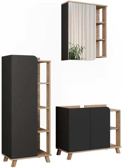 Vicco Badmöbel-Set Karen in Sonoma und Anthrazit, 3-teiliges modernes Badezimmer-Set mit Waschtischunterschrank und Spiegelschrank, Wandmontage - Bild 1