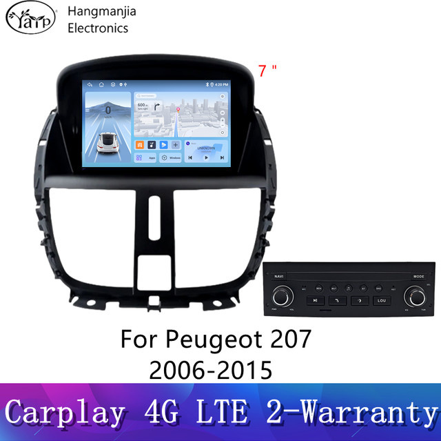 Hangmanjia Android Autoradio mit kabellosem CarPlay für Peugeot 207 und 207CC, Schwarz - Bild 1