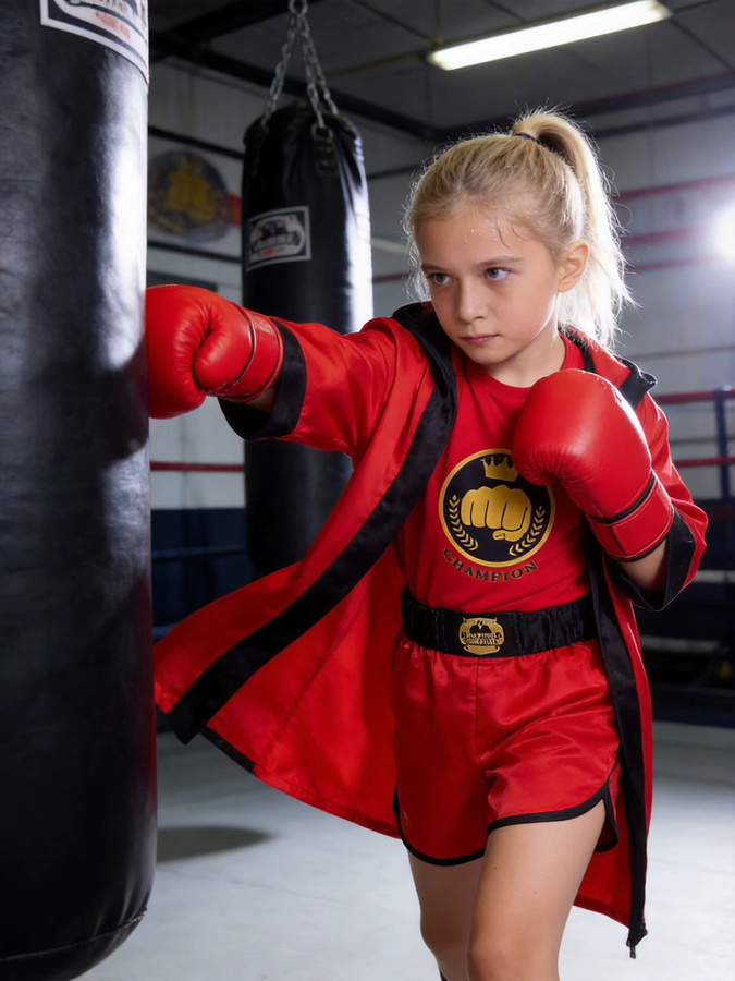 memune Kinder-Boxchampion-Kostüm-Set, Roter Satin-Bademantel, T-Shirt, Shorts, Gürtel, Handschuhe, Unisex - Bild 3
