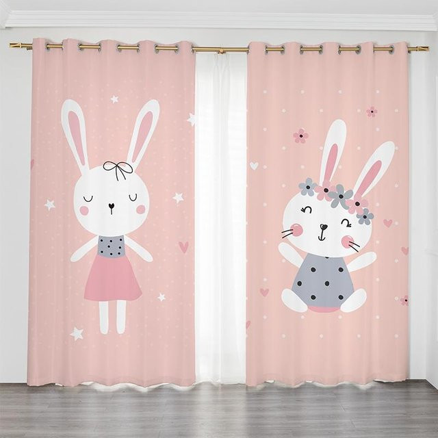 Rosa Vorhang mit animiertem Hase und Affe Motiv für Kinderzimmer, halbtransparent, Polyester, B/H: 150 x 166 cm - Bild 1