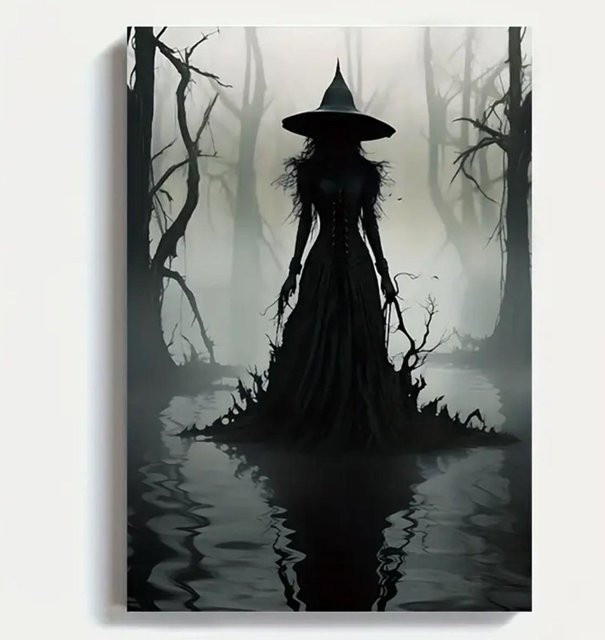Dekoratives Halloween-Hexe Ölgemälde auf Leinwand mit Kiefernholzrahmen, Schwarz, B/H: 15 x 10 cm - Bild 1