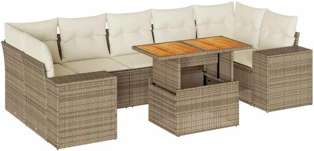 vidaXL 8-teilige Garten-Sofagarnitur in L-Form aus Poly-Rattan und Akazienholz mit Kissen in Beige-Creme - Bild 1