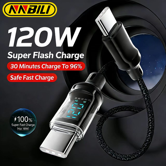 NNBILI 120W USB-C auf USB-C und USB-A auf USB-C Ladekabel mit LED-Display in Schwarz - Bild 1