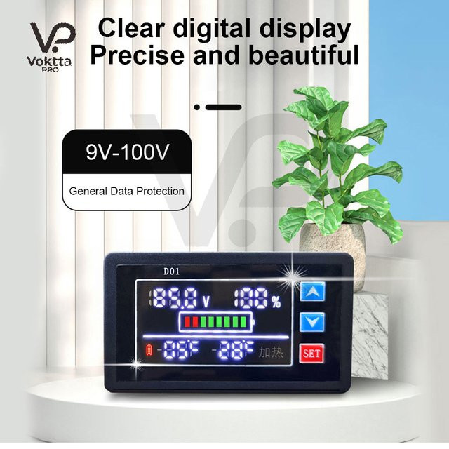 Voktta Digitaler Marine Batterie Kapazität Monitor mit LCD Display und Temperaturanzeige, DC 9V-100V, Schwarz - Bild 1