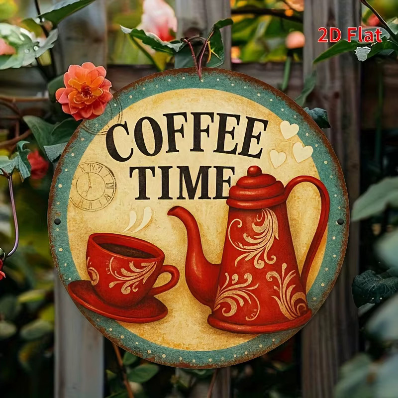 Potdemiel Vintage Coffee Time Metallschild, runde Aluminium-Wanddekoration im rustikalen Design, Durchmesser: 20,32 cm, Mehrfarbig - Bild 3