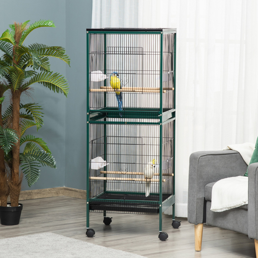 PawHut Doppelvoliere Vogelkäfig auf Standfuß mit Rollen in Grün Schwarz, B/T/H: 51,5 x 50 x 140 cm - Bild 2