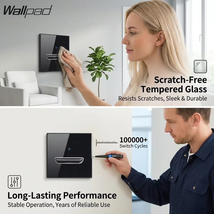 Wallpad Wandlichtschalter aus gehärtetem Glas mit blauer LED-Nachtbeleuchtung in den Farben Weiß, Schwarz, Grau und Gold/Messing - Bild 3