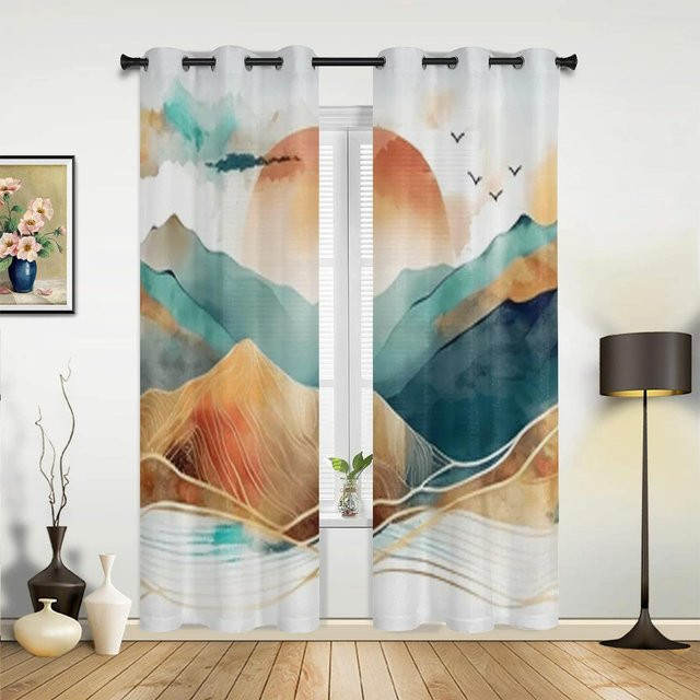 Yiran Furniture Verdunkelungsvorhänge mit abstraktem Berg-Design, halbtransparent, Mehrfarbig, B: 55 cm, H: 120 cm - Bild 1