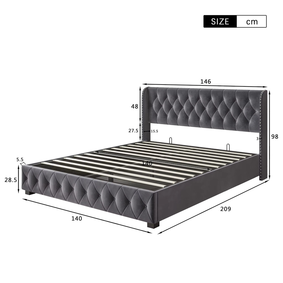 Fangange Samtbett mit Stauraum und hydraulischem Ottoman-Mechanismus, dunkelgraues Doppelbett mit getuftetem Nieten-Kopfteil, B/T: 140 x 200 cm - Bild 2