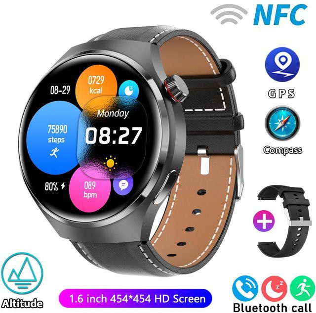 ElectronicsHome Smartwatch Pro für Herren mit GPS, NFC, AMOLED-Bildschirm, Herzfrequenzmessung und Bluetooth-Anruffunktion, IP68 wasserdicht, Farbe: Schwarz, mit Lederarmband - Bild 1