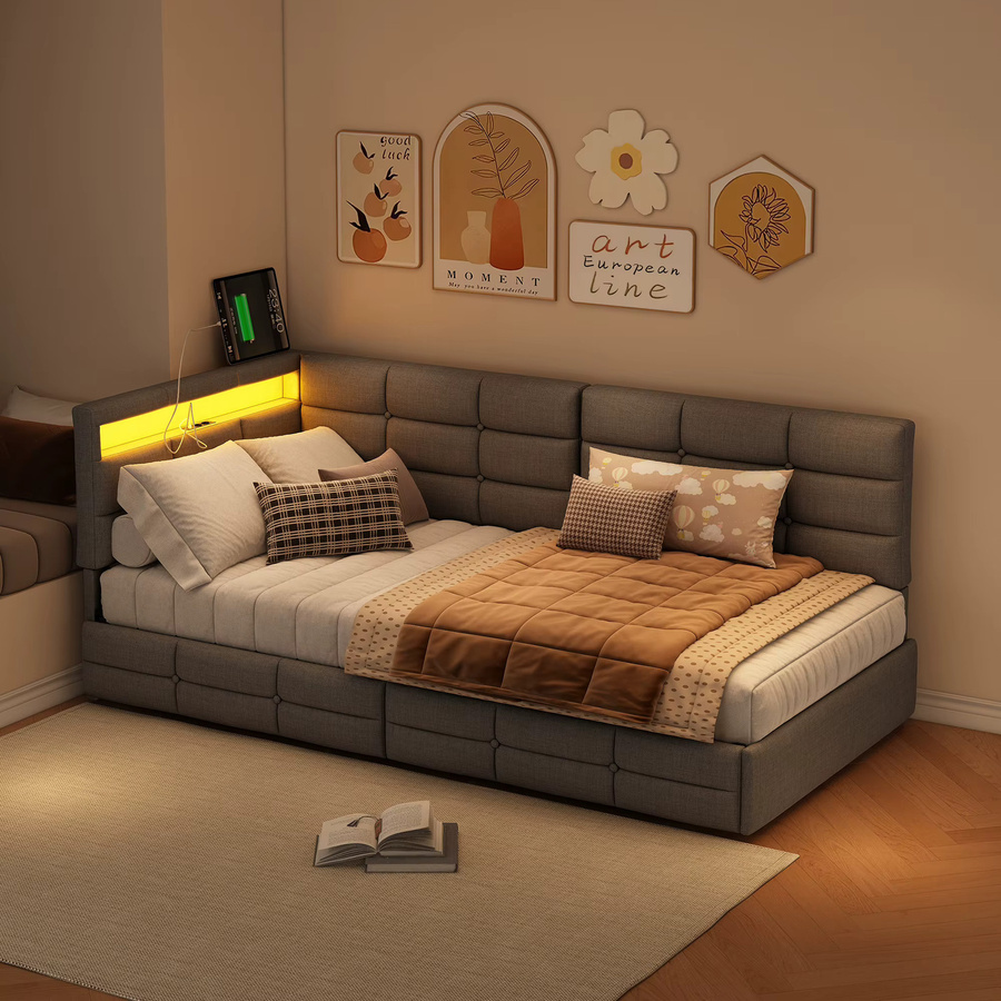 Rosahqnda Schlafsofa mit LED-Beleuchtung und USB-Anschluss, gepolstertes Einzelbett mit Schubladen und hydraulischem Mechanismus, Grau, B/T/H: 90 x 200 cm - Bild 3