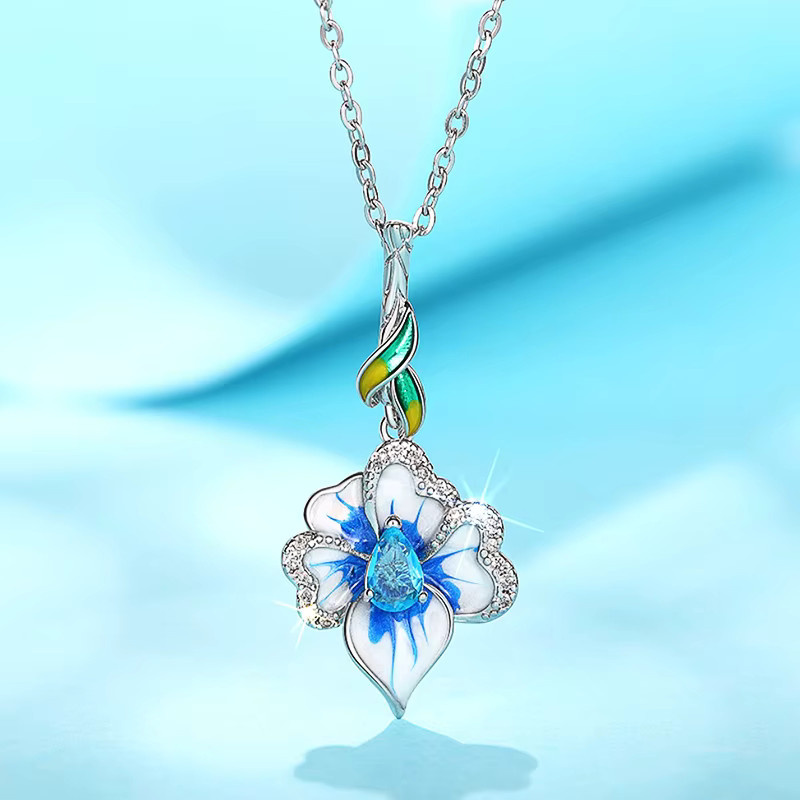 Huitan Halskette mit blauem Blumen-Anhänger, Silber, Damen - Bild 3