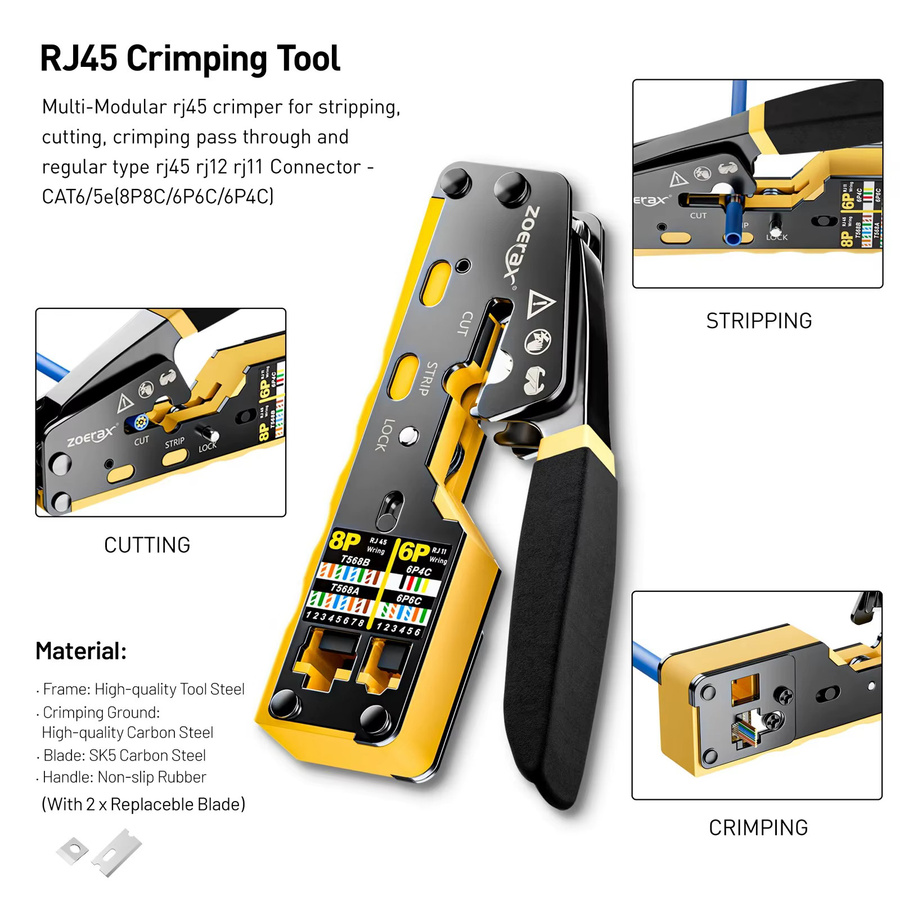 Zoerax Netzwerk-Tool-Kit mit RJ45 Crimp-Tool, Kabeltester, Stanzwerkzeug und Stripper - Bild 3