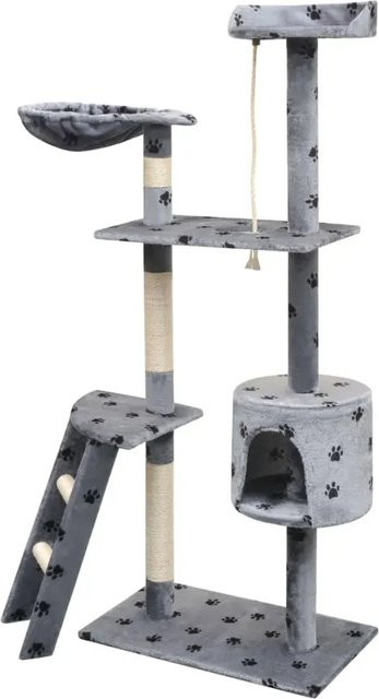 vidaXL Katzen-Kratzbaum Grau mit Pfoten-Aufdruck, Höe: 150 cm, inklusive Höhle, Hängematte und integriertem Spielzeug - Bild 1